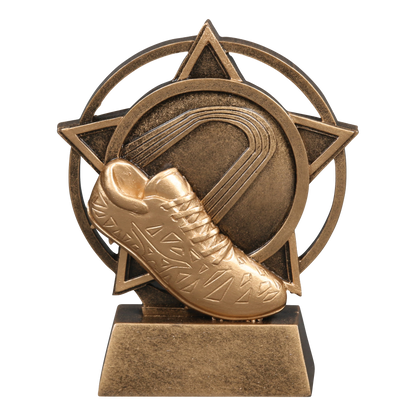 Orbit track trophy with a gold track shoe over an oval track inside a bronze star ring