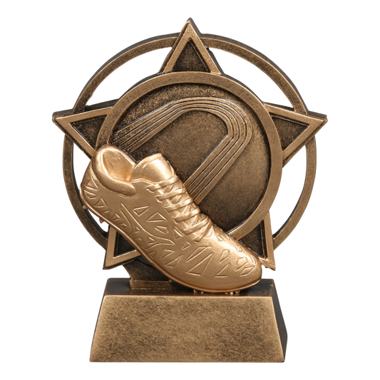Orbit track trophy with a gold track shoe over an oval track inside a bronze star ring