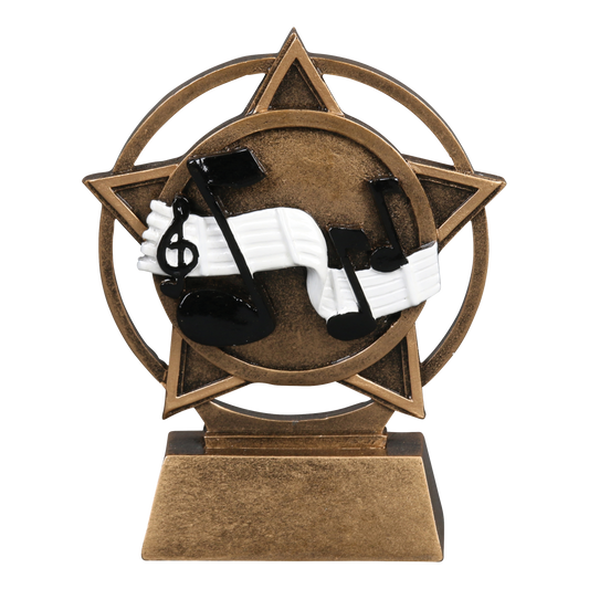Orbit music trophy with sheet music and notes inside a bronze star ring