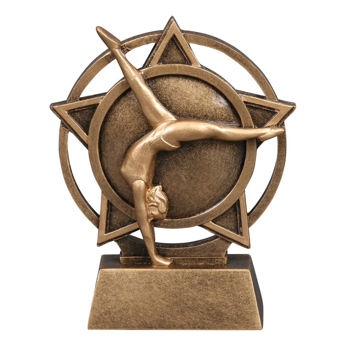 Orbit gymnastics trophy with a bronze gymnast in a back walkover inside a star ring