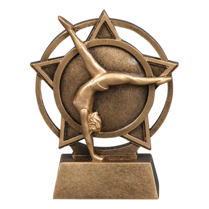 Orbit gymnastics trophy with a bronze gymnast in a back walkover inside a star ring