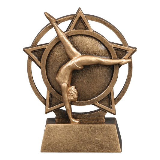 Orbit gymnastics trophy with a bronze gymnast in a back walkover inside a star ring