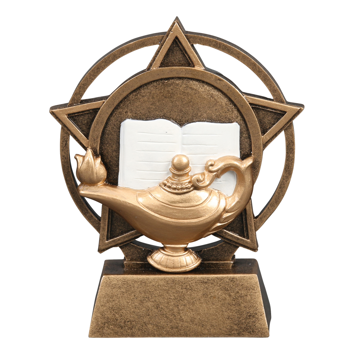 Orbit academic trophy with a gold lamp of knowledge and open book inside a bronze star ring