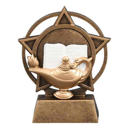 Orbit academic trophy with a gold lamp of knowledge and open book inside a bronze star ring
