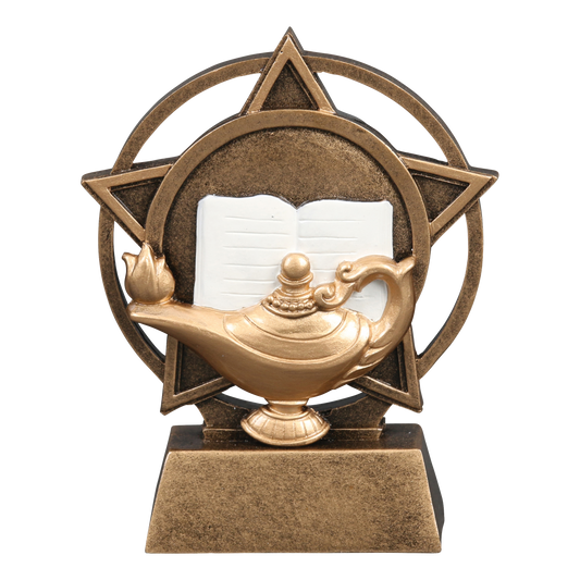 Orbit academic trophy with a gold lamp of knowledge and open book inside a bronze star ring