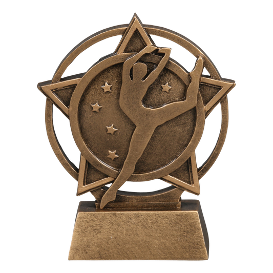 Orbit dance trophy with a bronze leaping dancer inside a star ring