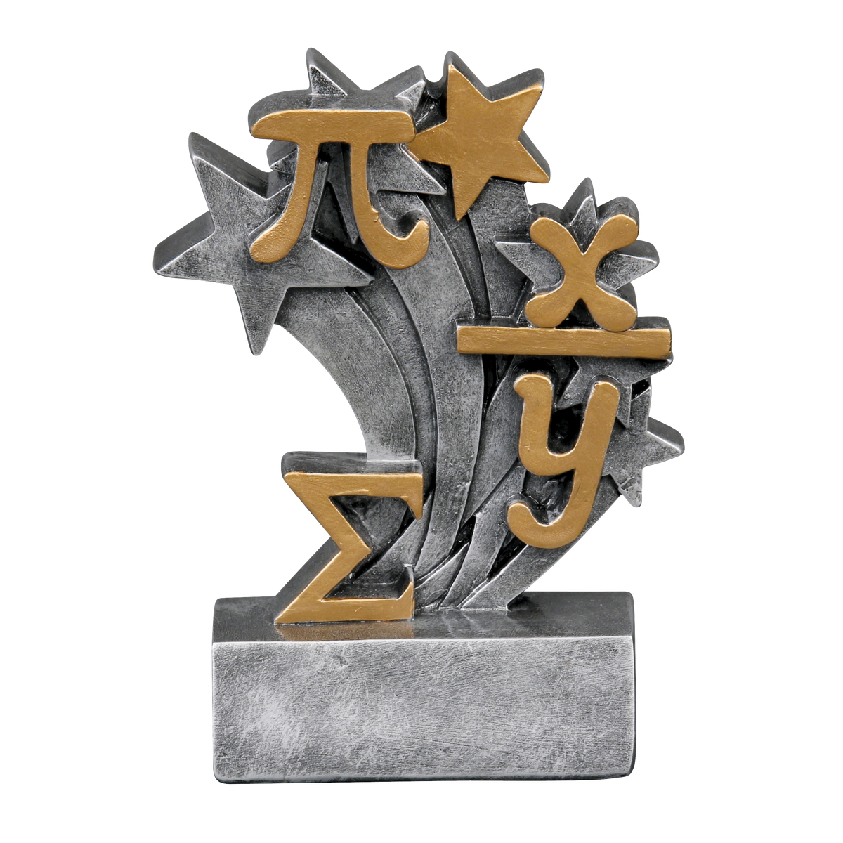 Star Blast math trophy with gold pi, sigma and algebra symbols bursting from silver stars