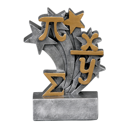 Star Blast math trophy with gold pi, sigma and algebra symbols bursting from silver stars