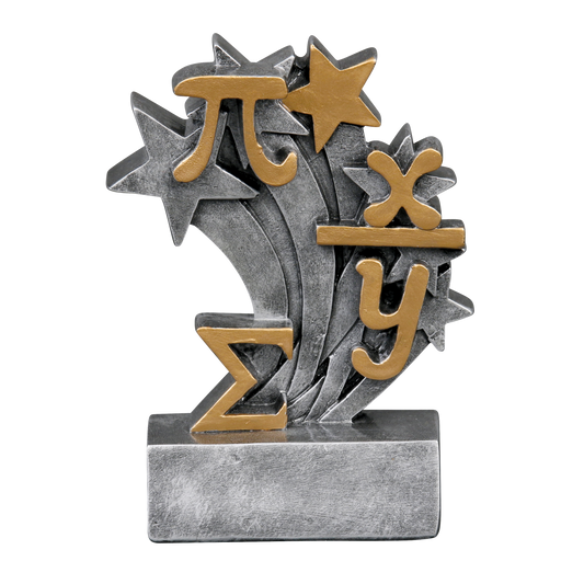 Star Blast math trophy with gold pi, sigma and algebra symbols bursting from silver stars