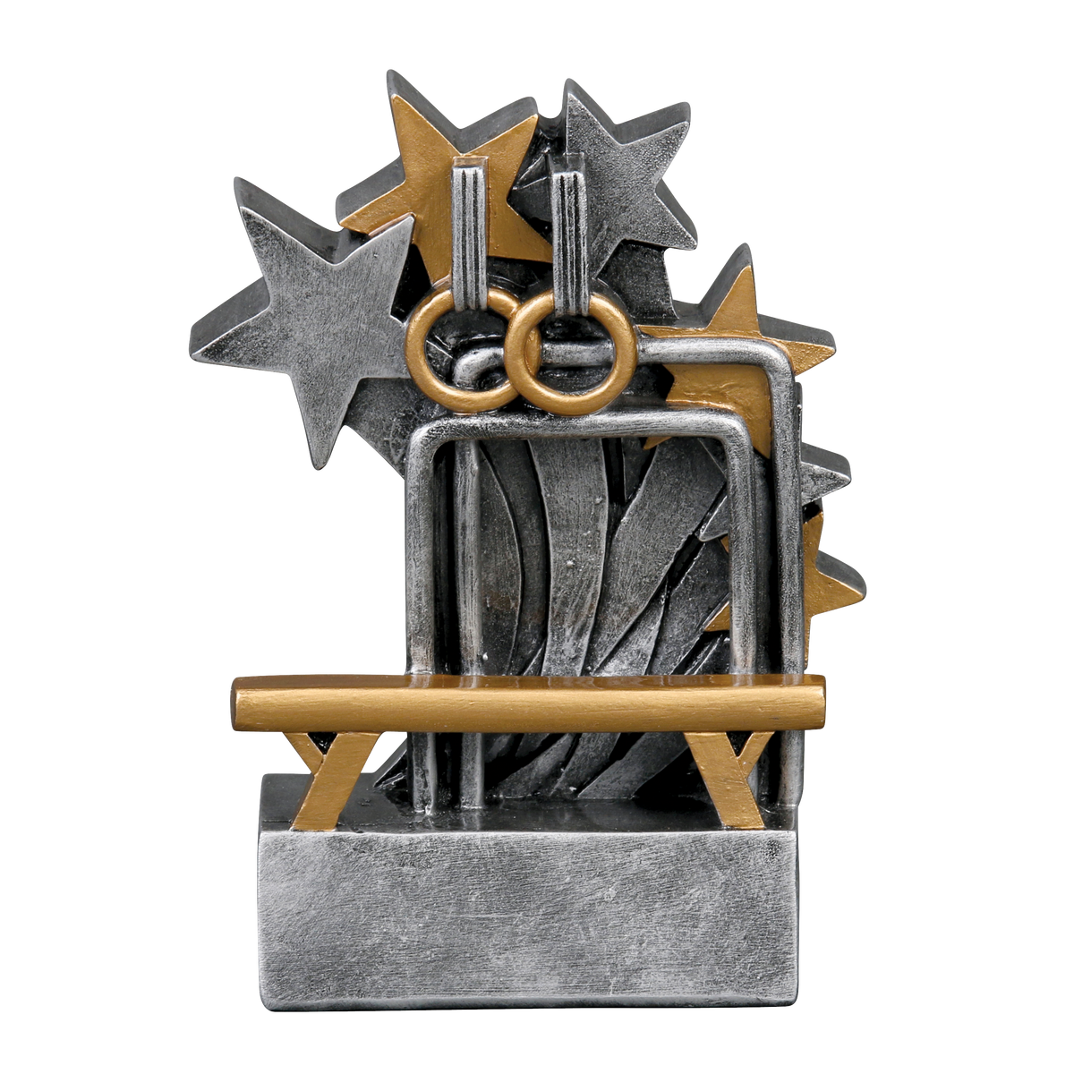 Star Blast gymnastics trophy with gold rings, beam and parallel bars bursting from silver and gold stars