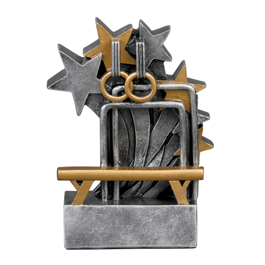 Star Blast gymnastics trophy with gold rings, beam and parallel bars bursting from silver and gold stars