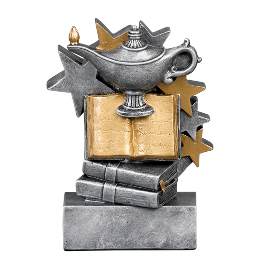 Star Blast academic trophy with a silver lamp of knowledge on books and a gold star burst