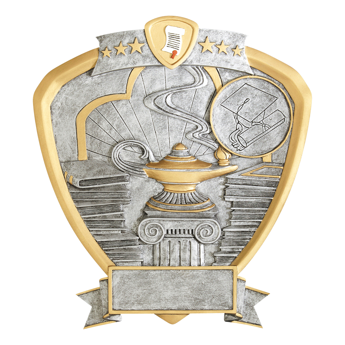 Academic shield award with a lamp of knowledge on a column in silver relief and gold trim