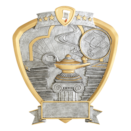 Academic shield award with a lamp of knowledge on a column in silver relief and gold trim