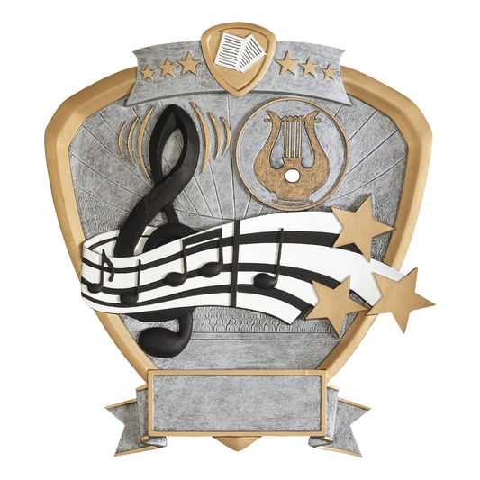 Music shield award with a treble clef, lyre and staff in silver relief and gold trim
