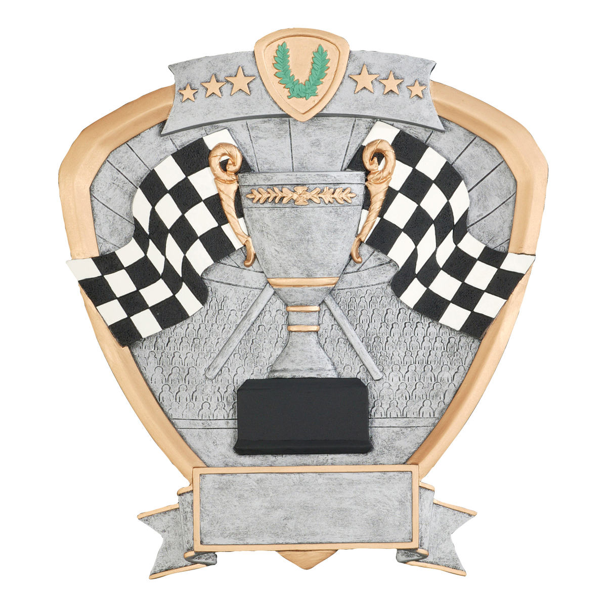 Racing shield award with checkered flags and a trophy cup in silver relief and gold trim