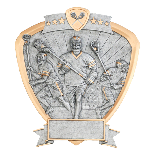 Lacrosse shield award with three male players in silver relief, gold trim and a banner engraving plate