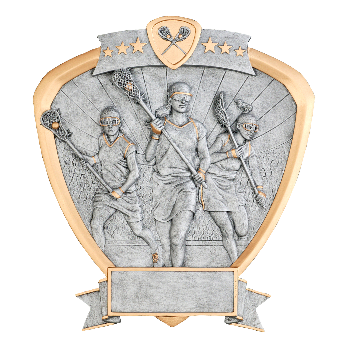 Lacrosse shield award with three female players in silver relief, gold trim and a banner engraving plate