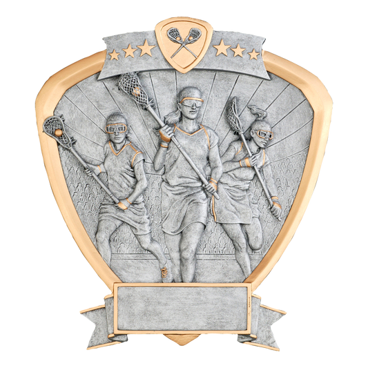Lacrosse shield award with three female players in silver relief, gold trim and a banner engraving plate