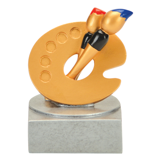 Full-color art trophy with a gold paint palette and brushes on a silver base