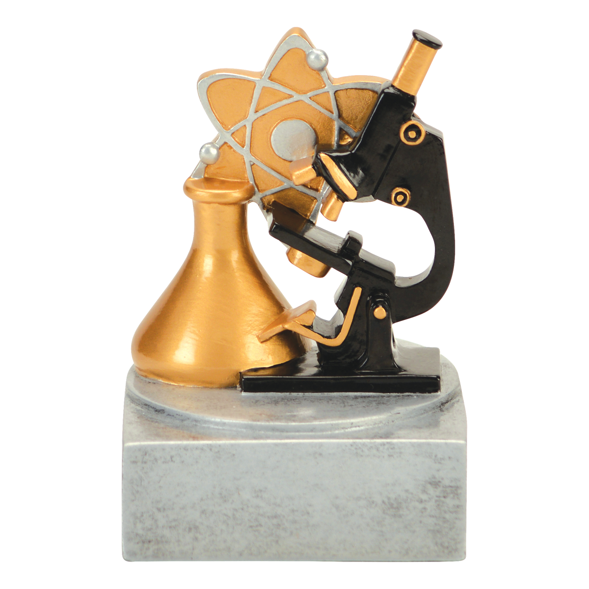 Full-color science trophy with a microscope, flask and atom on a silver base