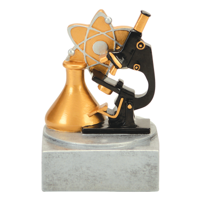 Full-color science trophy with a microscope, flask and atom on a silver base