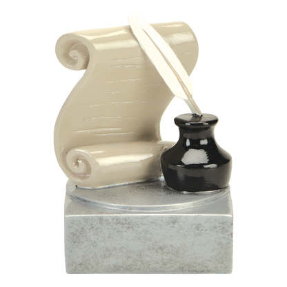 Full-color reading and writing trophy with a scroll, quill and inkwell on a silver base
