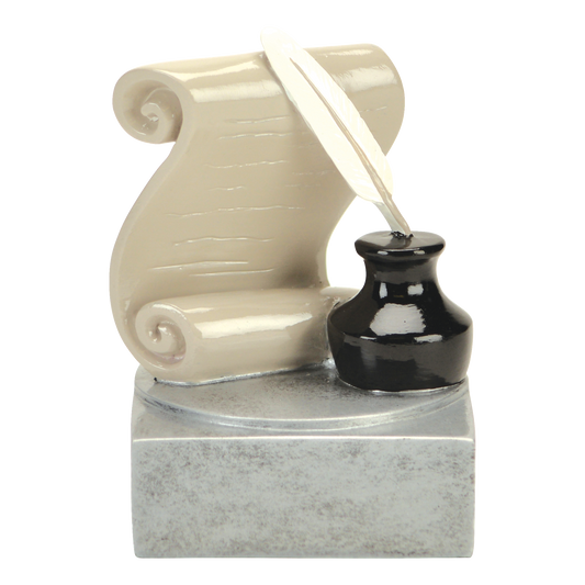Full-color reading and writing trophy with a scroll, quill and inkwell on a silver base
