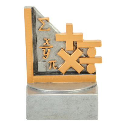 Full-color math trophy with orange operation symbols and formulas on a silver base