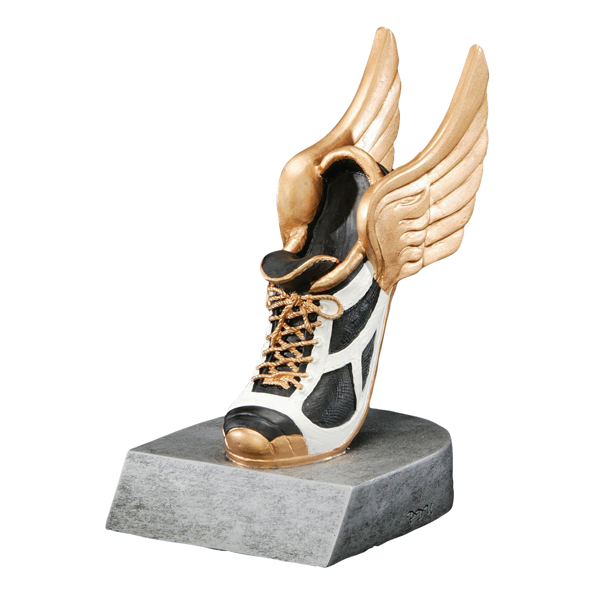Winged track shoe trophy with a white spike and gold wings on a silver base