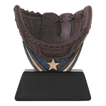 The resin baseball glove holder shown empty, so the cradle and black engraving base are visible without a ball in place