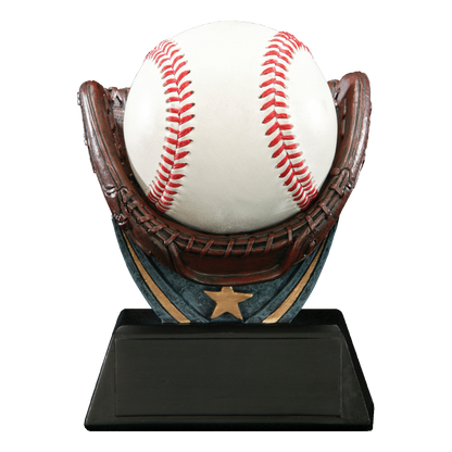 Sculpted resin baseball glove holding a regulation baseball, with a star-accented shield and black engraving base