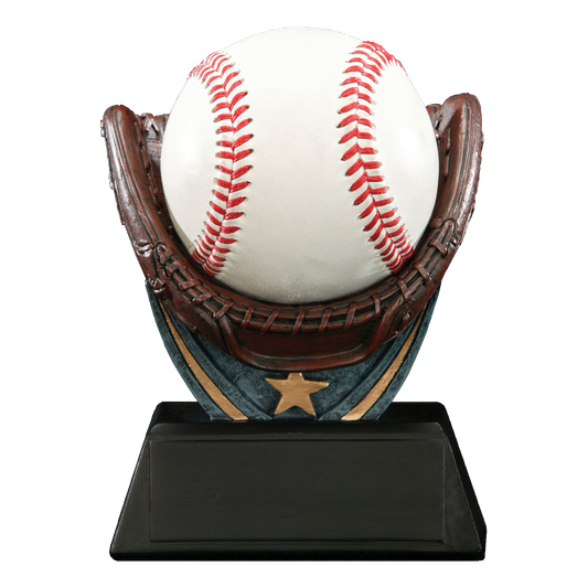 Sculpted resin baseball glove holding a regulation baseball, with a star-accented shield and black engraving base