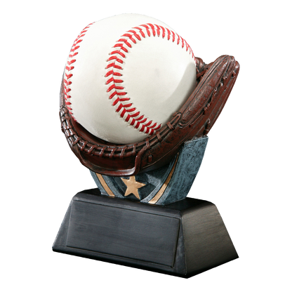 The resin baseball glove holder viewed from the left, showing the sculpted webbing and stitching