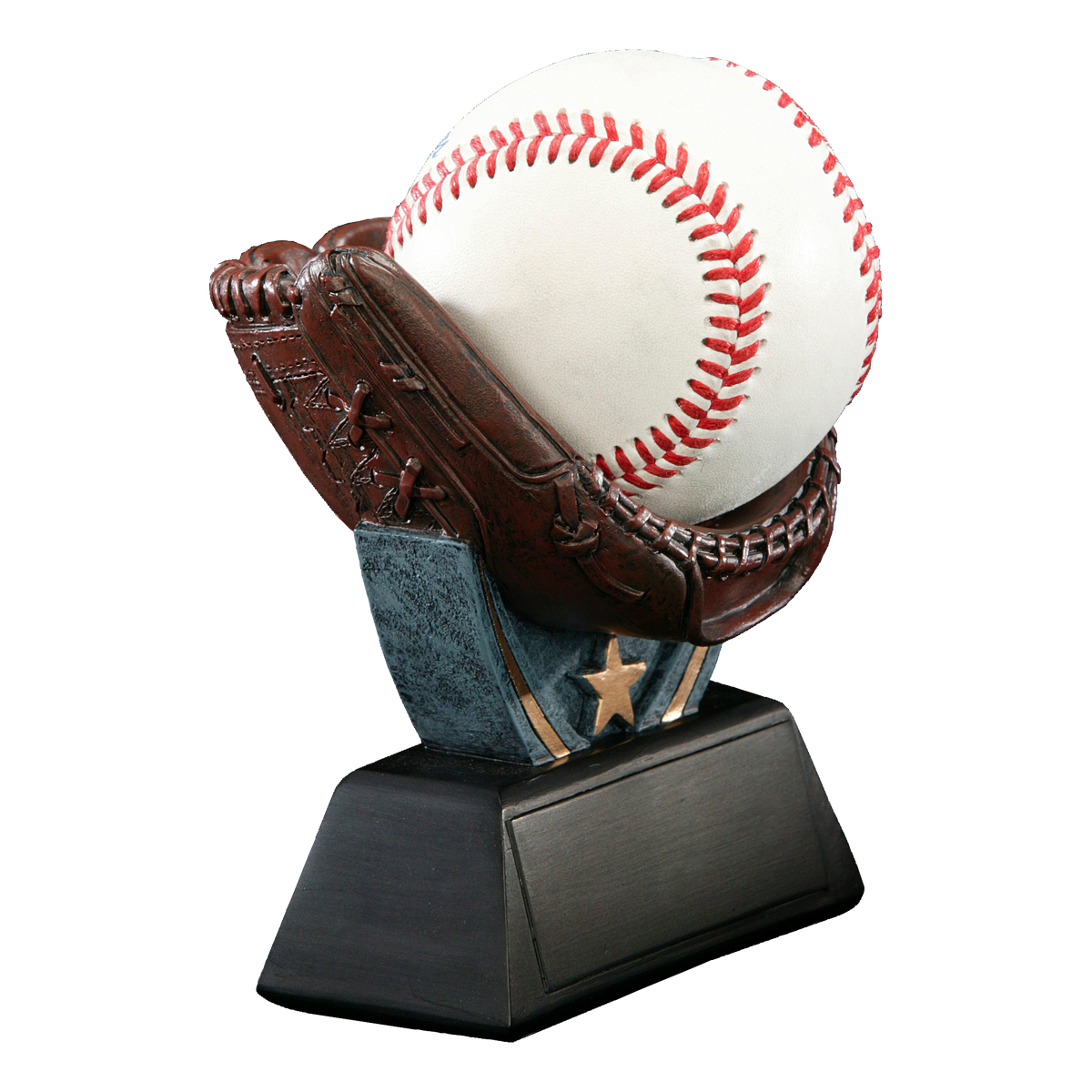The resin baseball glove holder viewed from the right, showing the sculpted webbing and stitching