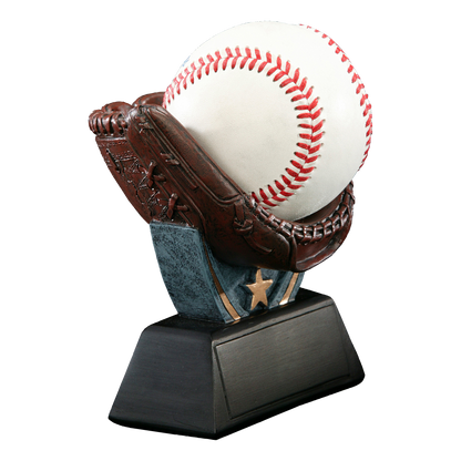 The resin baseball glove holder viewed from the right, showing the sculpted webbing and stitching
