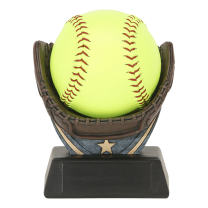 Sculpted resin softball glove holding a regulation yellow softball, with a star-accented shield and black engraving base