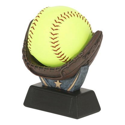 Sculpted resin softball glove holding a regulation yellow softball, shown at an angle on its black engraving base