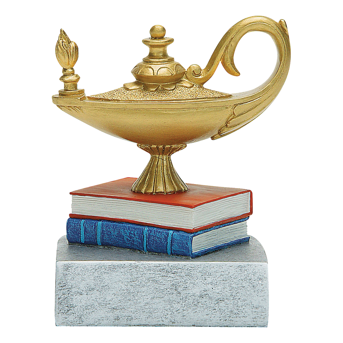 Full-color lamp of knowledge trophy with a gold lamp on red and blue books on a silver base