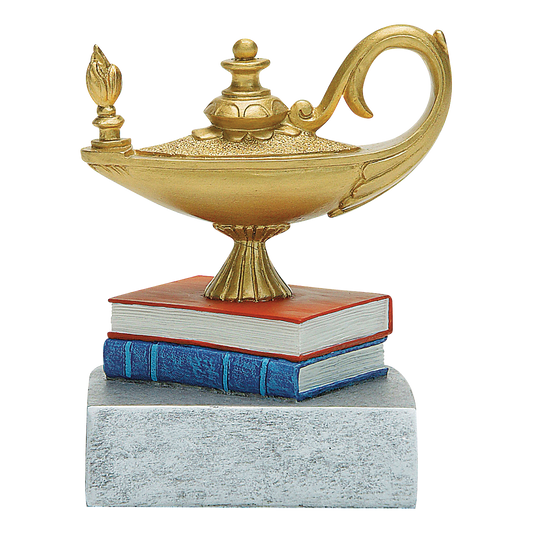 Full-color lamp of knowledge trophy with a gold lamp on red and blue books on a silver base