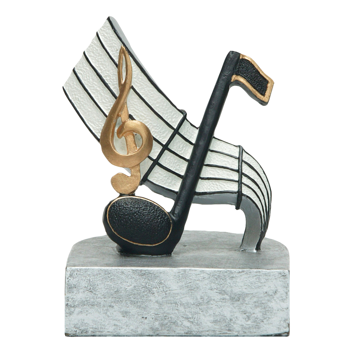 Full-color music trophy with a black note and gold treble clef on a white staff