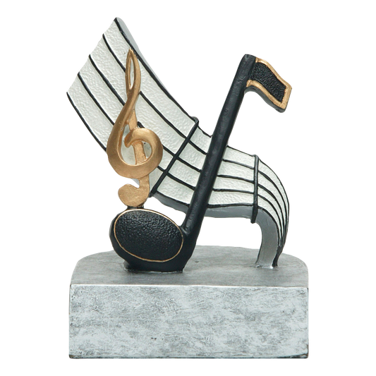 Full-color music trophy with a black note and gold treble clef on a white staff