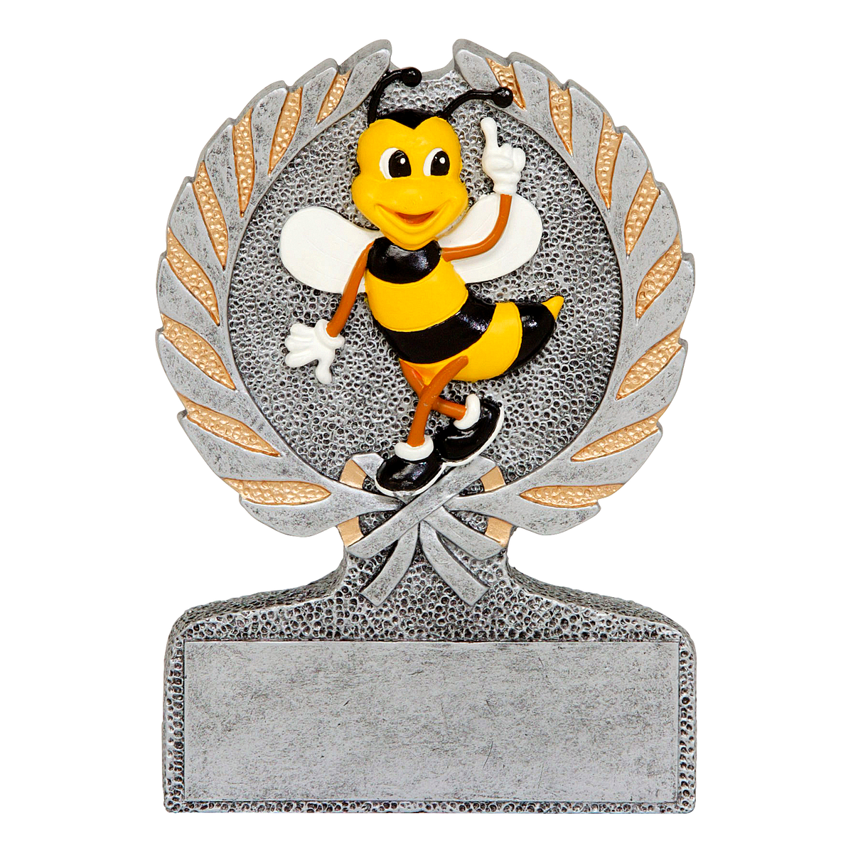 Centurion spelling bee trophy with a full-color bee on a silver laurel crest