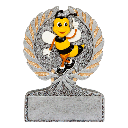 Centurion spelling bee trophy with a full-color bee on a silver laurel crest