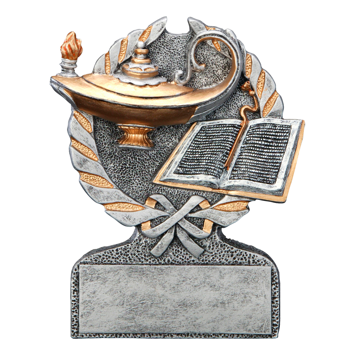Centurion academic trophy with a lamp of knowledge and open book on a silver laurel crest
