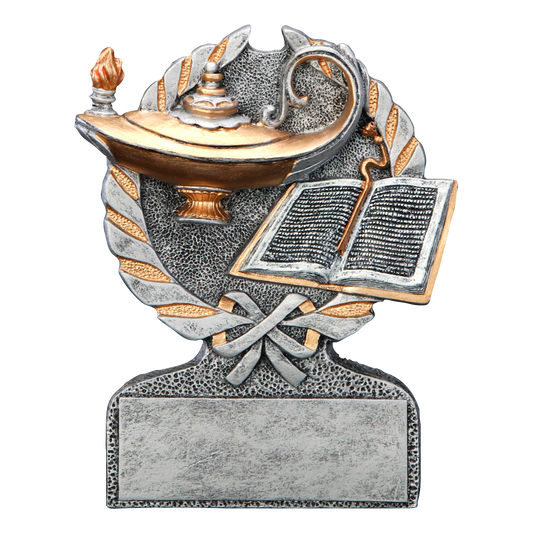 Centurion academic trophy with a lamp of knowledge and open book on a silver laurel crest