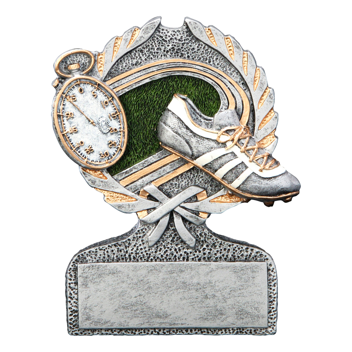 Centurion track trophy with full-color track spikes, a stopwatch and green infield on a silver laurel crest with engraving plate