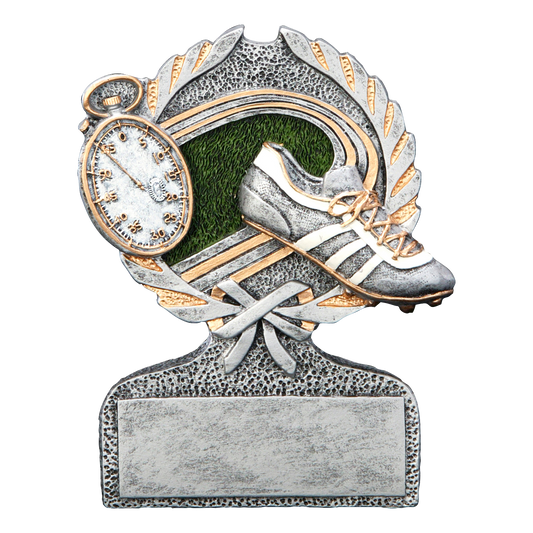 Centurion track trophy with full-color track spikes, a stopwatch and green infield on a silver laurel crest with engraving plate