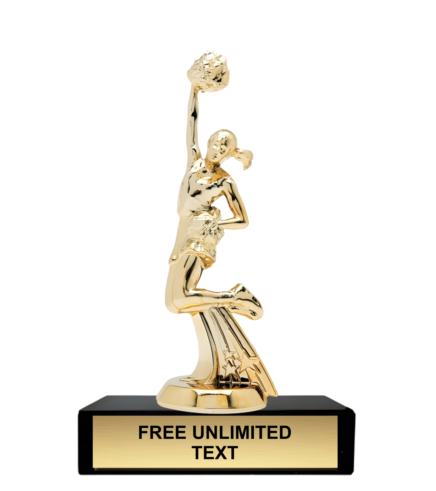 Gold trophy cheerleader figure on a black base with 'FREE UNLIMITED TEXT'
