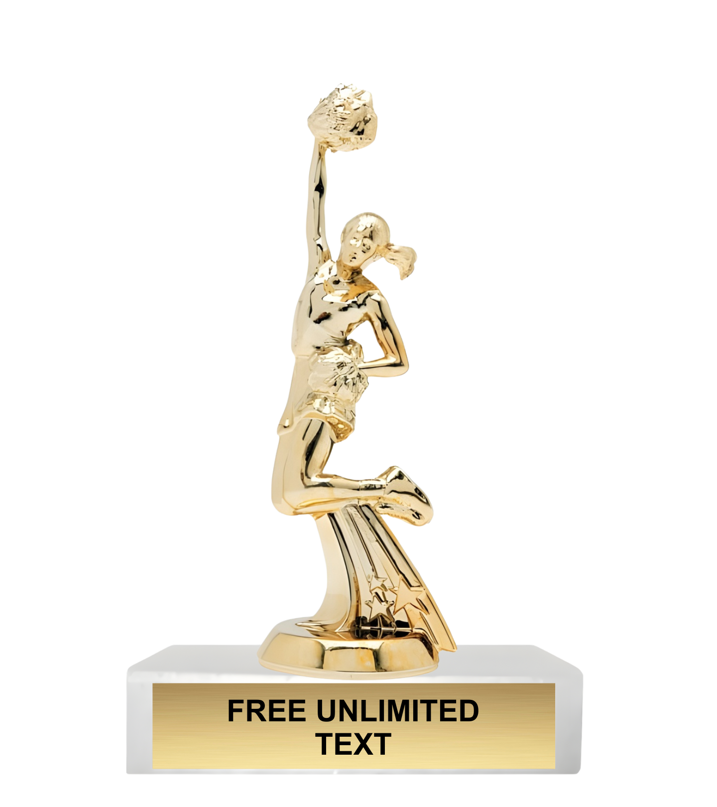 Gold trophy cheerleading jumping figure on a white background with 'FREE UNLIMITED TEXT' on a gold plaque.